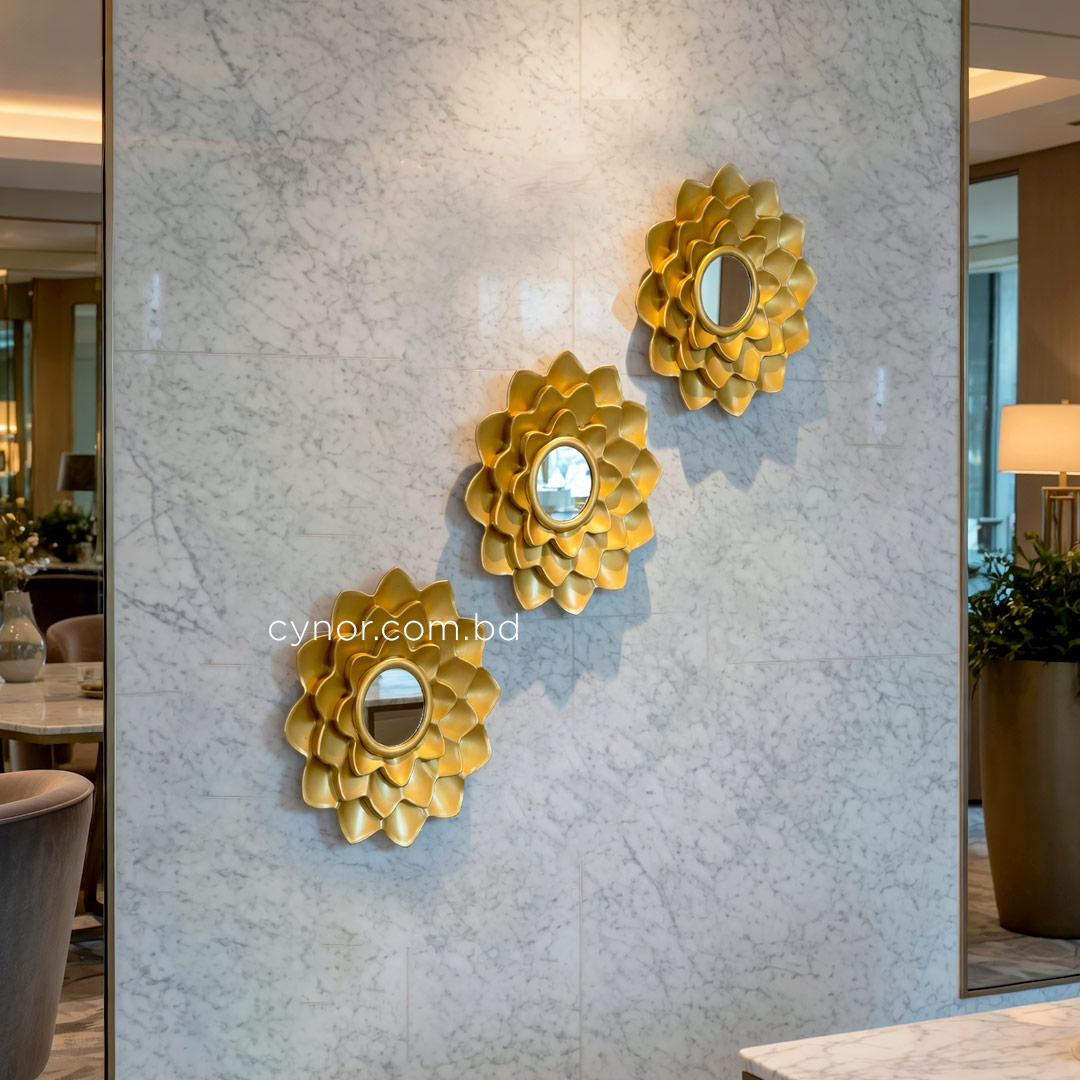 WR707-3 Piece Golden Floral Mirror Wall Decor Set Fiber Decorative Accents (3)