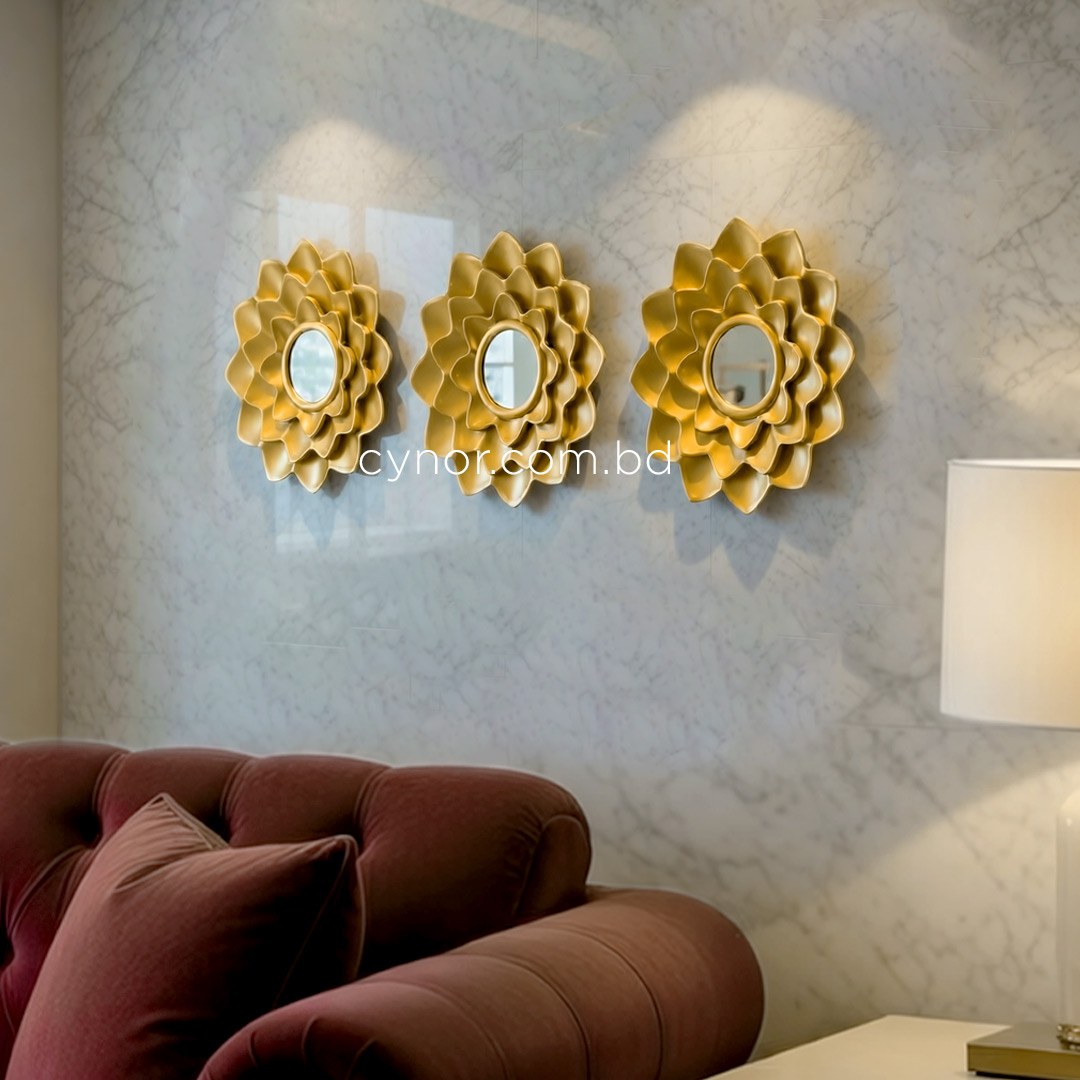 WR707-3 Piece Golden Floral Mirror Wall Decor Set Fiber Decorative Accents (9)