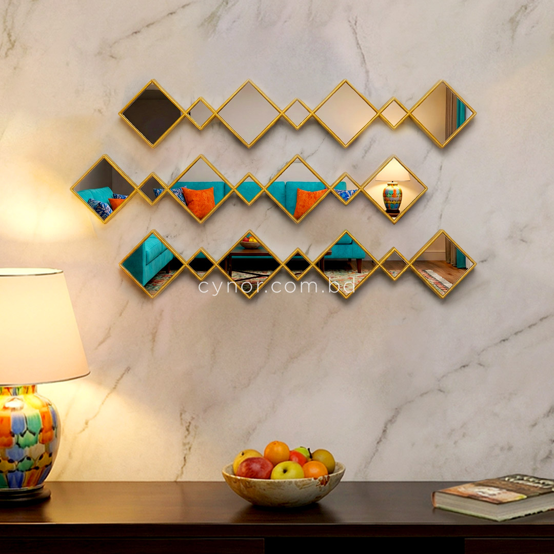 WR708-Diamond Shape 3 Piece Wall Mirror Set Golden Fiber Frame (5)