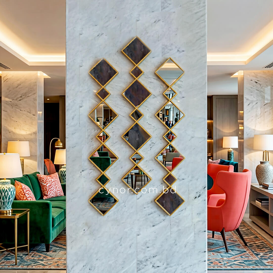 WR708-Diamond Shape 3 Piece Wall Mirror Set Golden Fiber Frame (7)