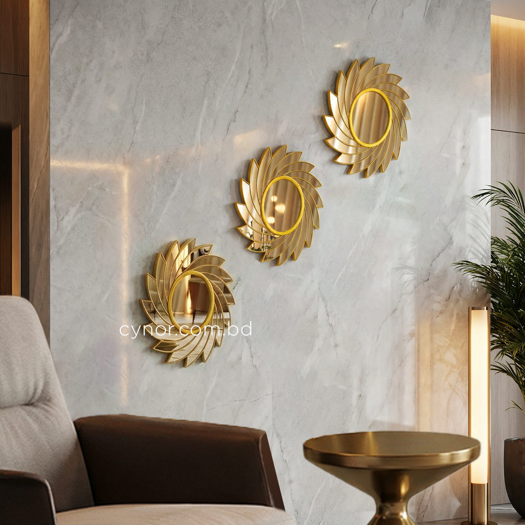 WR709-3 Piece Golden Sunburst Mirror Wall Decor Set Fiber Decorative Accents (7)