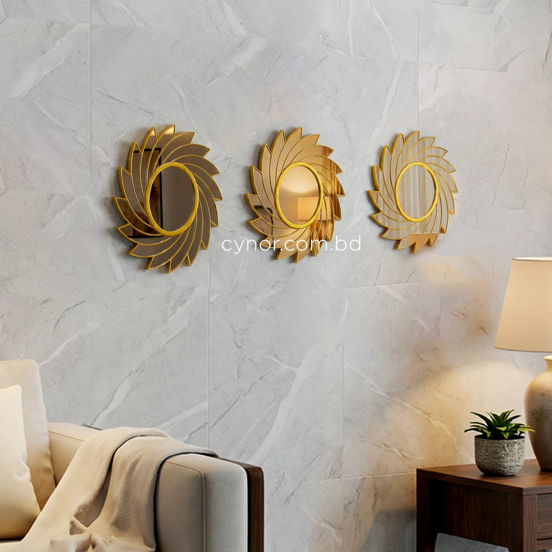 WR709-3 Piece Golden Sunburst Mirror Wall Decor Set Fiber Decorative Accents (8)