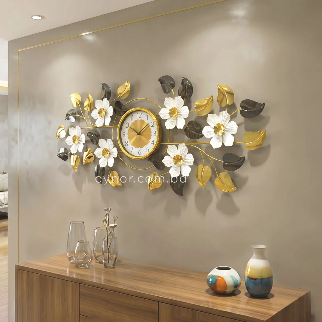 WC746-Decorative Botanical Wall Clock Glossy Stainless Steel Golden White Design (1) WC746-Decorative Botanical Wall Clock Glossy Stainless Steel Golden White Design (1)