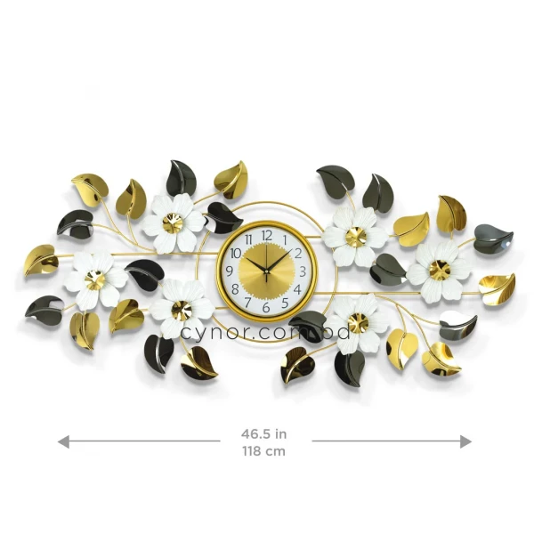 WC746-Decorative Botanical Wall Clock Glossy Stainless Steel Golden White Design (2)