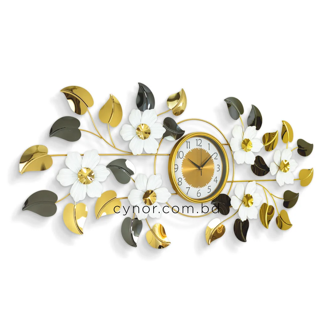 WC746-Decorative Botanical Wall Clock Glossy Stainless Steel Golden White Design (3) WC746-Decorative Botanical Wall Clock Glossy Stainless Steel Golden White Design (3)