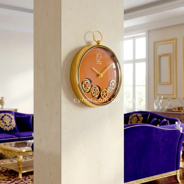 WC748-Orange-Mechanical Gear Design Quartz Wall Clock Metal Body Glass Dial (2)
