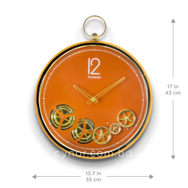 WC748-Orange-Mechanical Gear Design Quartz Wall Clock Metal Body Glass Dial (4)