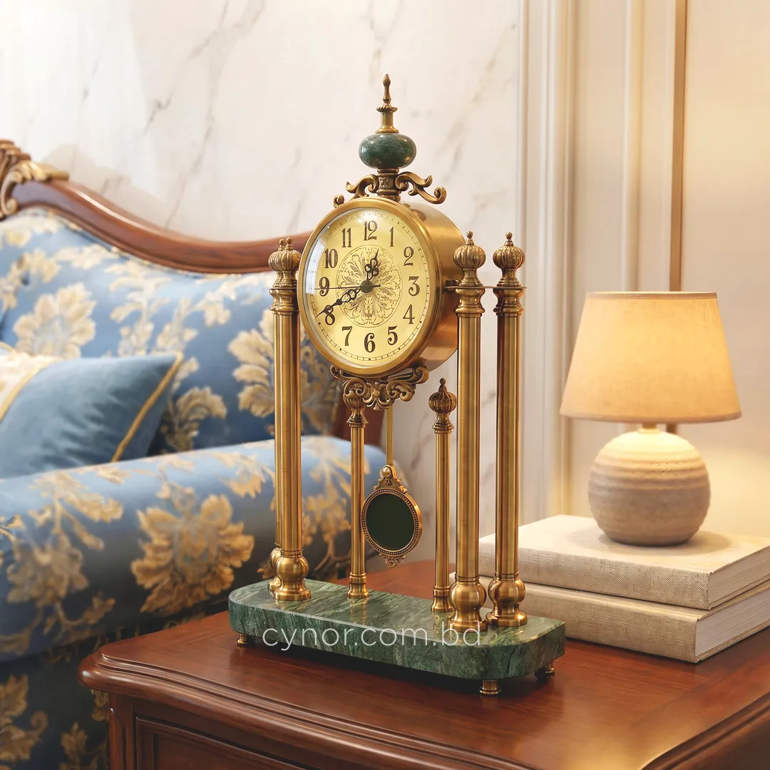 WC755-Luxury Green Marble Brass Metal Vintage Pendulum Mantel Table Clock (1) WC755-Luxury Green Marble Brass Metal Vintage Pendulum Mantel Table Clock (1)