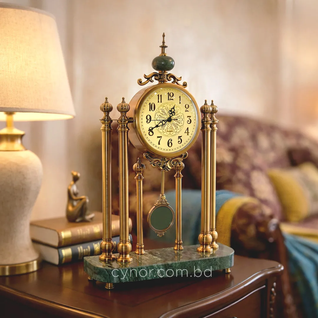 WC755-Luxury Green Marble Brass Metal Vintage Pendulum Mantel Table Clock (11) WC755-Luxury Green Marble Brass Metal Vintage Pendulum Mantel Table Clock (11)