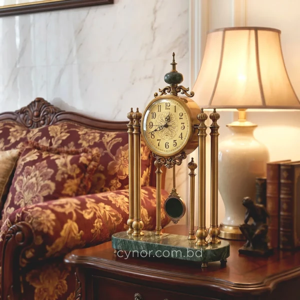 WC755-Luxury Green Marble Brass Metal Vintage Pendulum Mantel Table Clock (12)