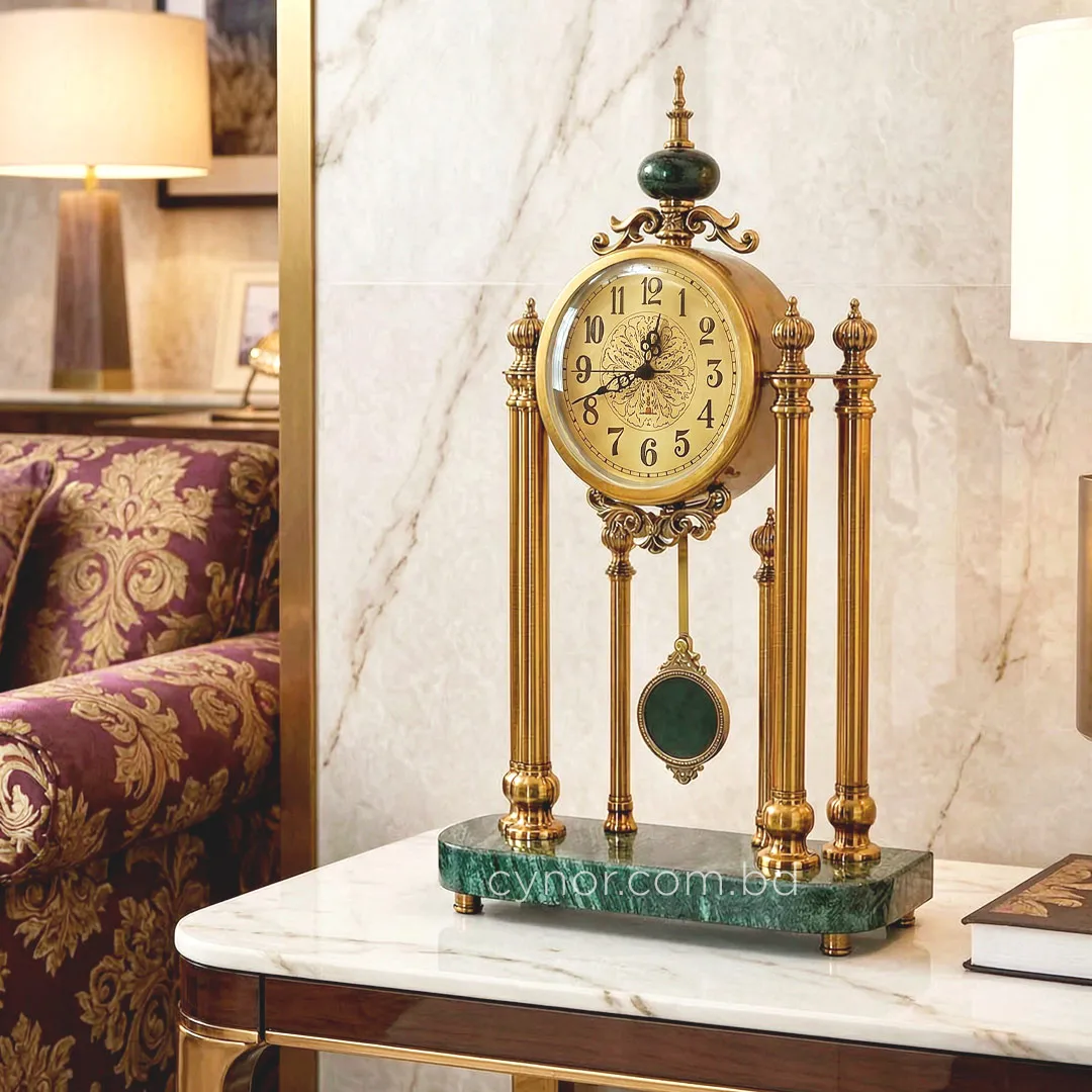 WC755-Luxury Green Marble Brass Metal Vintage Pendulum Mantel Table Clock (13) WC755-Luxury Green Marble Brass Metal Vintage Pendulum Mantel Table Clock (13)