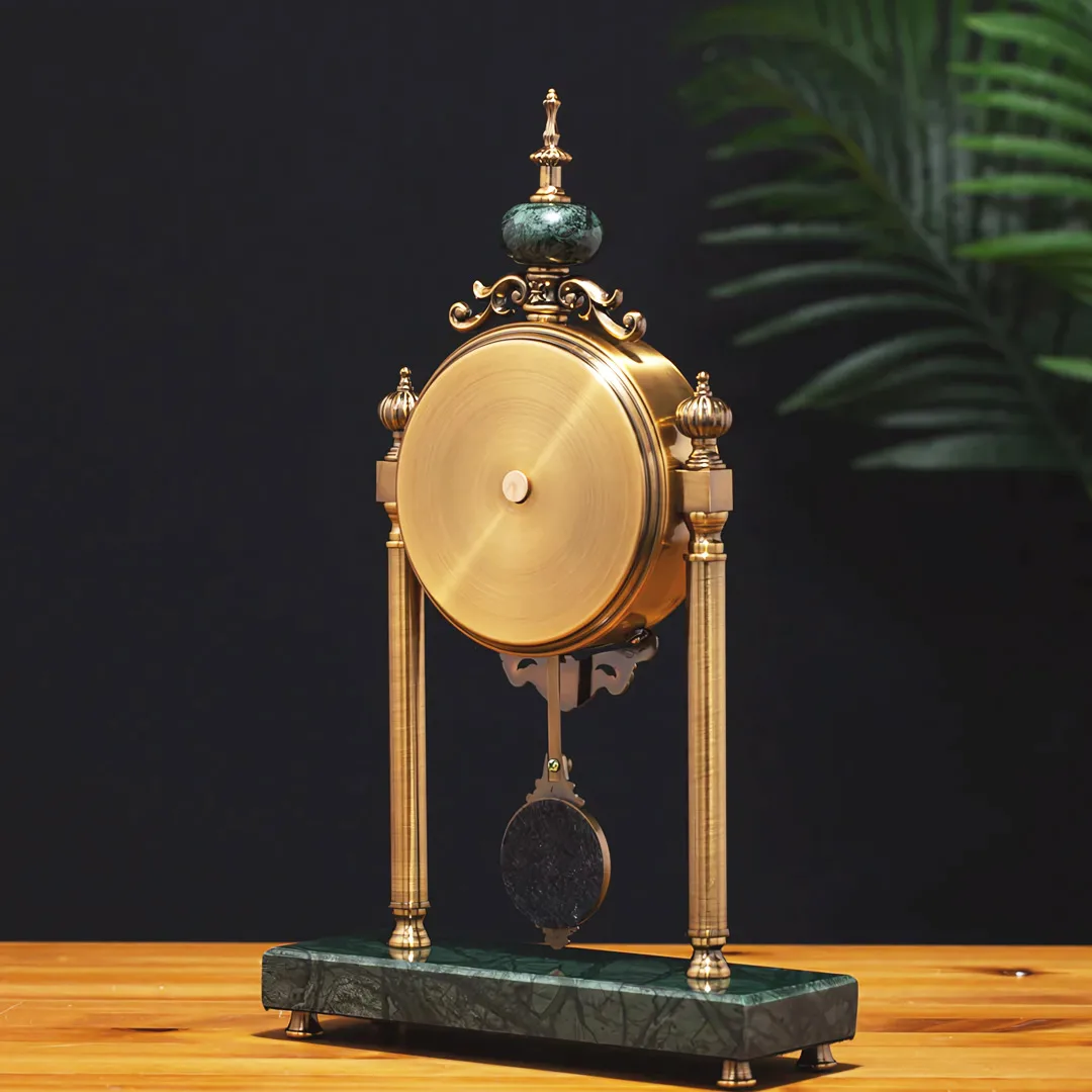 WC756-Luxury Green Marble Brass Metal Vintage Style Pendulum Mantel Table Clock (5) WC756-Luxury Green Marble Brass Metal Vintage Style Pendulum Mantel Table Clock (5)