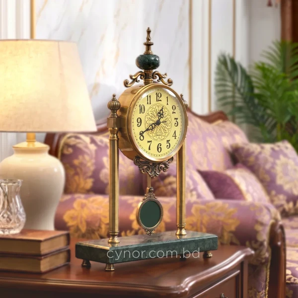 WC756-Luxury Green Marble Brass Metal Vintage Style Pendulum Mantel Table Clock (6)