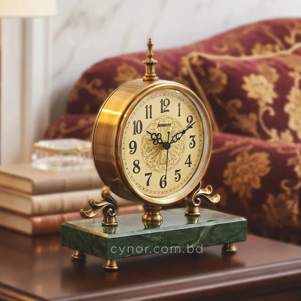 WC757-Luxury Green Marble Brass Metal European Vintage Style Mantel Table Clock (10)