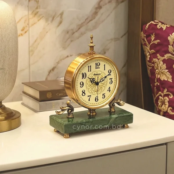 WC757-Luxury Green Marble Brass Metal European Vintage Style Mantel Table Clock (11)