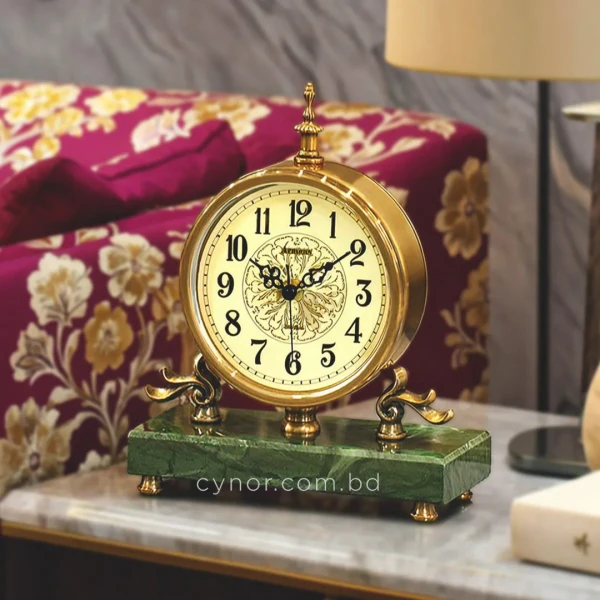 WC757-Luxury Green Marble Brass Metal European Vintage Style Mantel Table Clock (9)