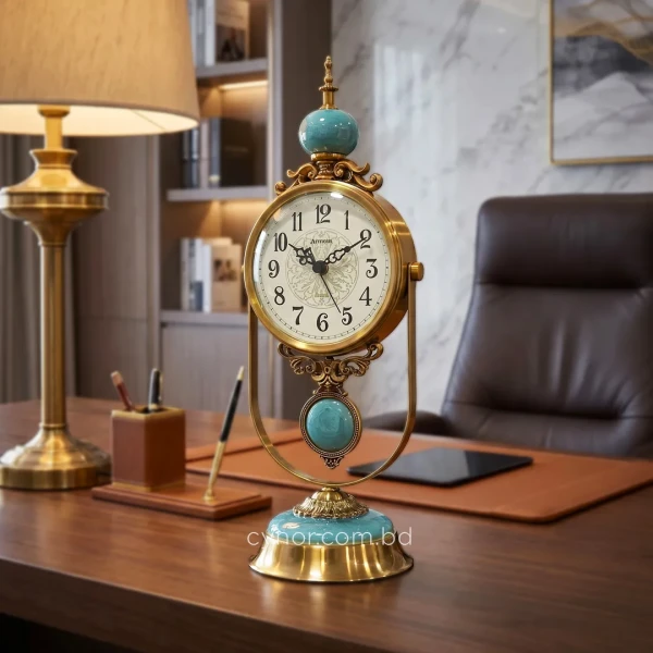 WC758-Luxury Blue Marble Brass Metal Vintage Style Pendulum Mantel Table Clock (7)