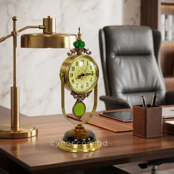 WC759-Luxury Brass Metal Floral Amber Glass Base Vintage Style Pendulum Mantel Table Clock (2)