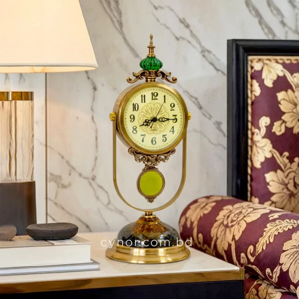 WC759-Luxury Brass Metal Floral Amber Glass Base Vintage Style Pendulum Mantel Table Clock (3)