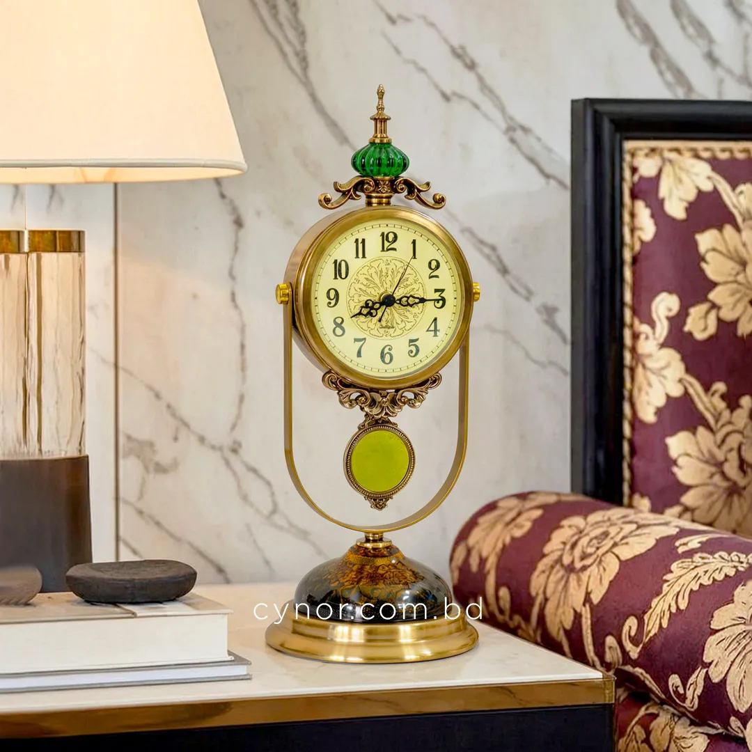 WC759-Luxury Brass Metal Floral Amber Glass Base Vintage Style Pendulum Mantel Table Clock (3) WC759-Luxury Brass Metal Floral Amber Glass Base Vintage Style Pendulum Mantel Table Clock (3)