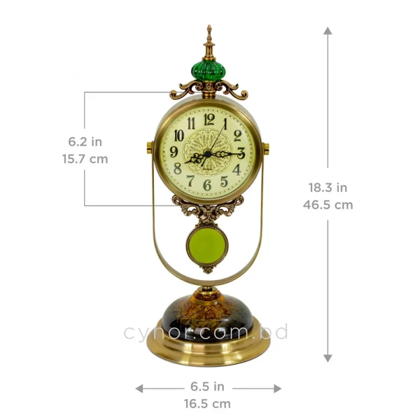 WC759-Luxury Brass Metal Floral Amber Glass Base Vintage Style Pendulum Mantel Table Clock (4)