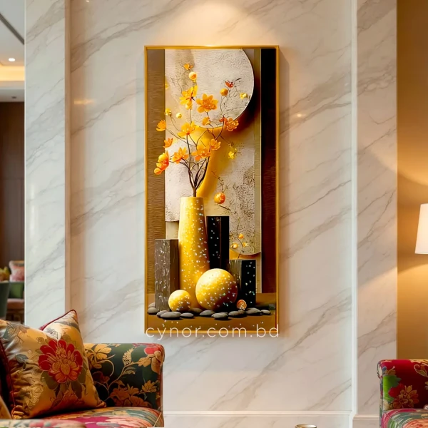 WR679-6-3D Floral Vase Wall Art Resin Stone Embedded with Golden Aluminium Frame (1)