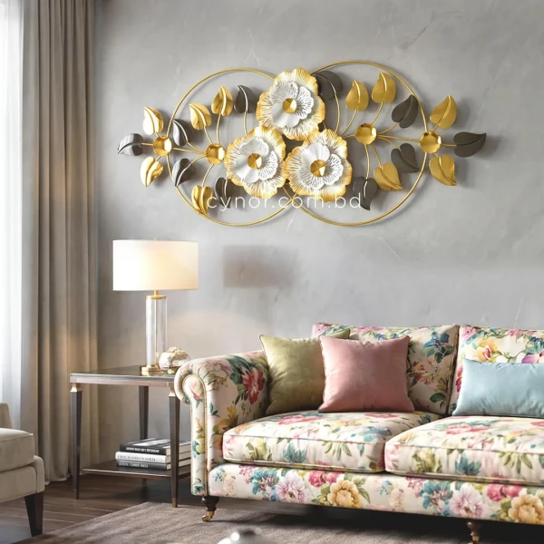 WR721-Aquatic Leaf and Flower Design Stainless Steel Golden Black Metal Wall Decor (2)