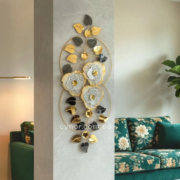 WR721-Aquatic Leaf and Flower Design Stainless Steel Golden Black Metal Wall Decor (3)