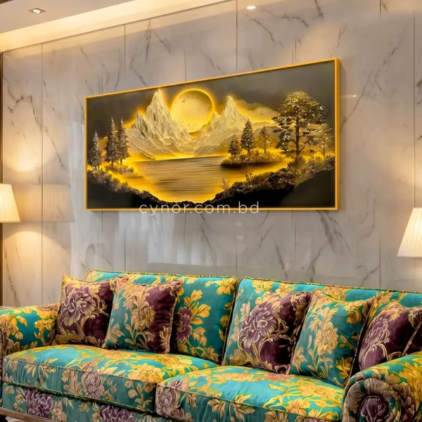 WR731-3-Mystical Mountain Landscape Wall Art with Resin Stone Inlay and Gold Aluminium Frame (1)