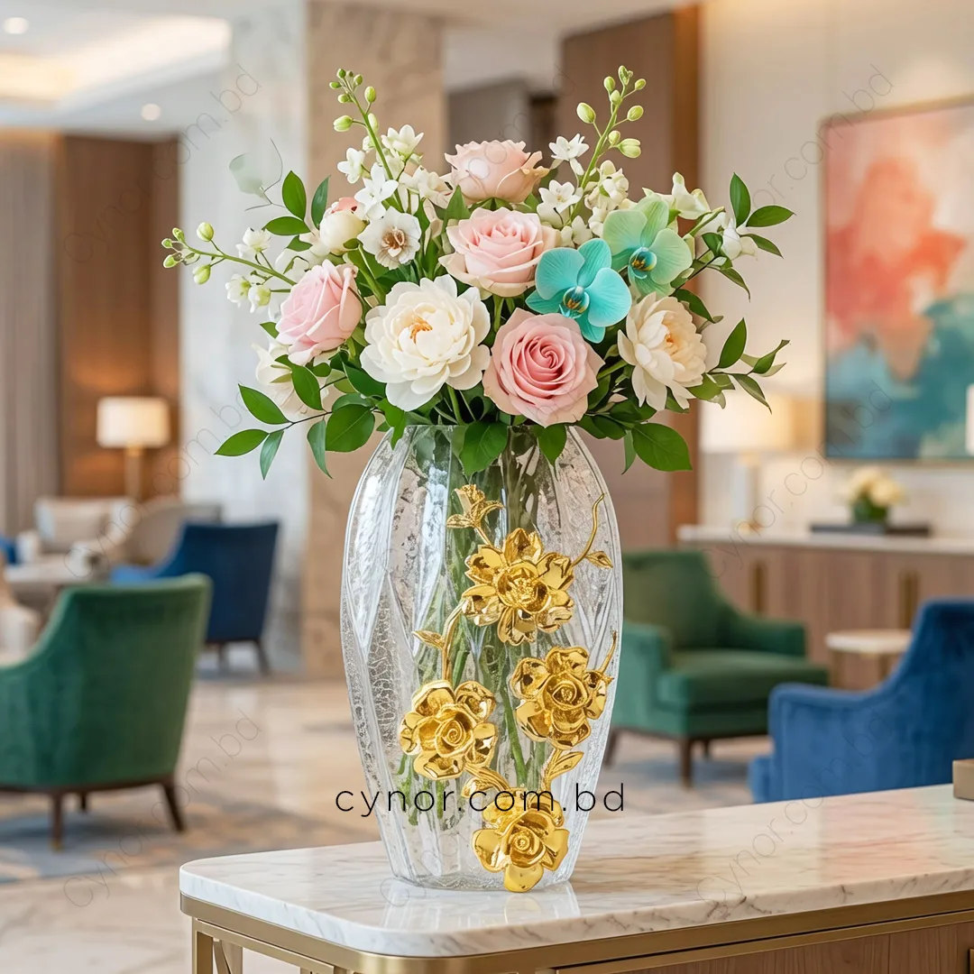 HD264-Luxury Ribbed Crackle Glass Flower Vase with Golden Metal Floral Accent (1) HD264-Luxury Ribbed Crackle Glass Flower Vase with Golden Metal Floral Accent (1)