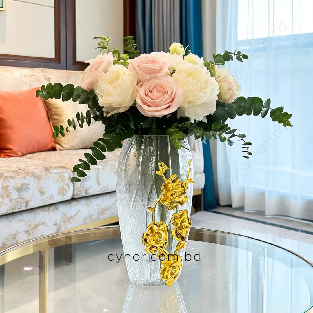 HD264-Luxury Ribbed Crackle Glass Flower Vase with Golden Metal Floral Accent (11) HD264-Luxury Ribbed Crackle Glass Flower Vase with Golden Metal Floral Accent (11)