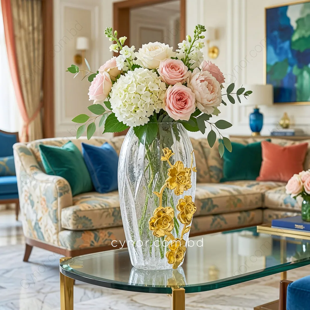 HD264-Luxury Ribbed Crackle Glass Flower Vase with Golden Metal Floral Accent (2) HD264-Luxury Ribbed Crackle Glass Flower Vase with Golden Metal Floral Accent (2)