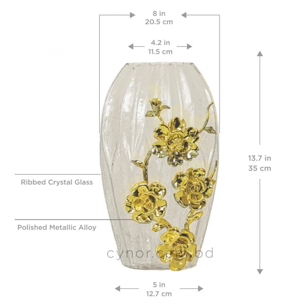 HD264-Luxury Ribbed Crackle Glass Flower Vase with Golden Metal Floral Accent (4)