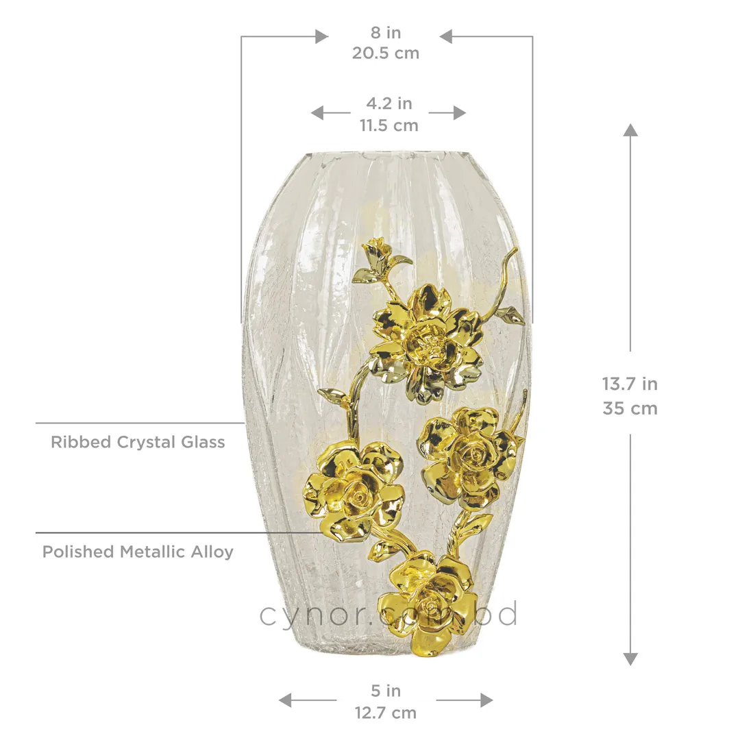 HD264-Luxury Ribbed Crackle Glass Flower Vase with Golden Metal Floral Accent (4) HD264-Luxury Ribbed Crackle Glass Flower Vase with Golden Metal Floral Accent (4)