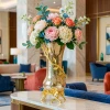 HD265-Luxury Golden Crackle Glass Flower Vase with Golden Metal Floral Stand (1)