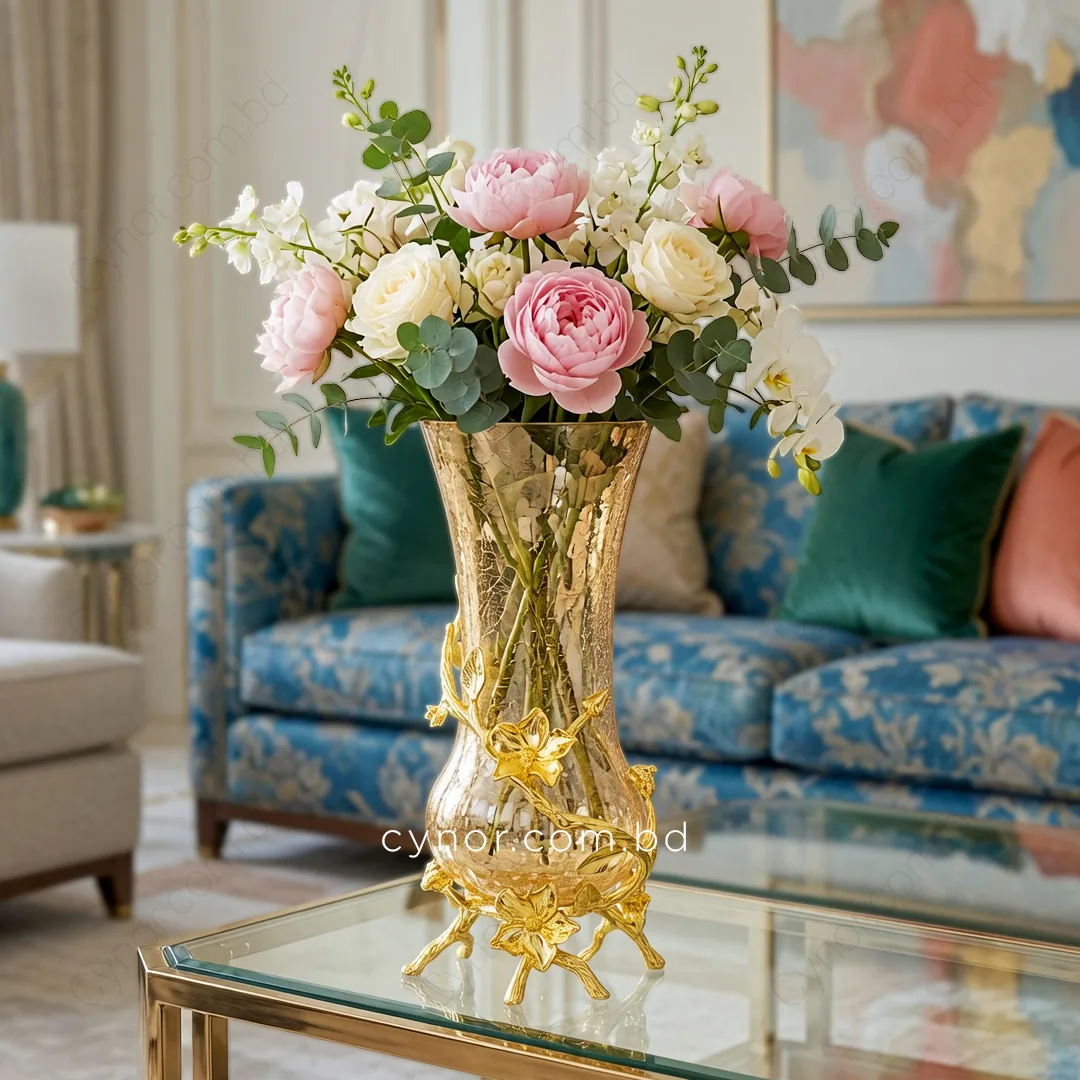 HD265-Luxury Golden Crackle Glass Flower Vase with Golden Metal Floral Stand (10) HD265-Luxury Golden Crackle Glass Flower Vase with Golden Metal Floral Stand (10)