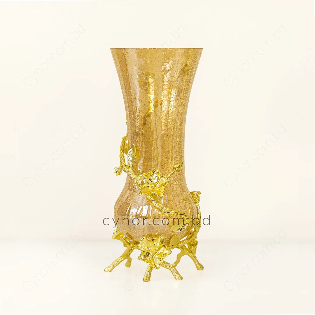 HD265-Luxury Golden Crackle Glass Flower Vase with Golden Metal Floral Stand (2) HD265-Luxury Golden Crackle Glass Flower Vase with Golden Metal Floral Stand (2)
