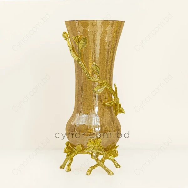 HD265-Luxury Golden Crackle Glass Flower Vase with Golden Metal Floral Stand (4)