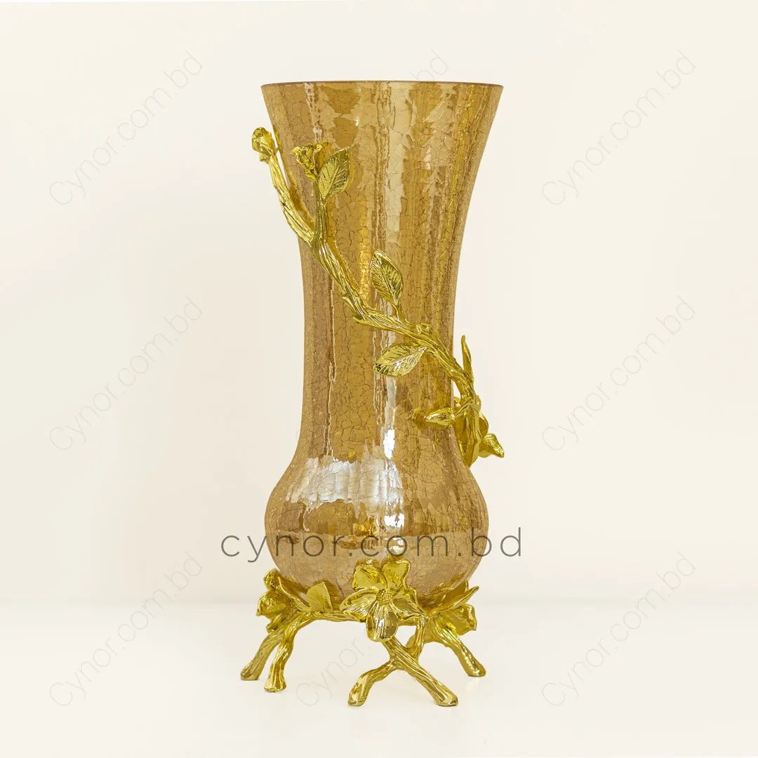 HD265-Luxury Golden Crackle Glass Flower Vase with Golden Metal Floral Stand (4) HD265-Luxury Golden Crackle Glass Flower Vase with Golden Metal Floral Stand (4)