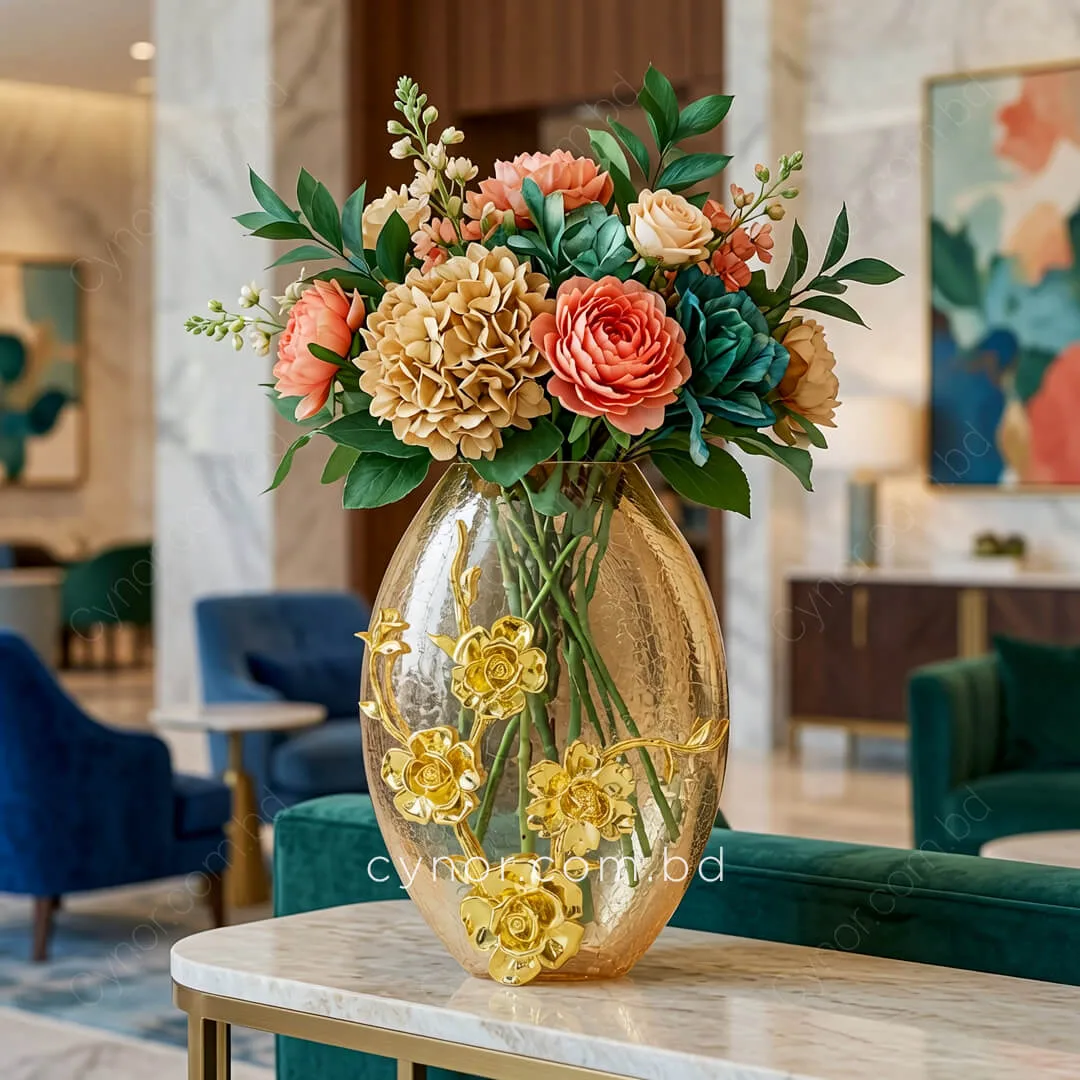 HD266-Exquisite Crackle Glass Flower Vase with Artistic Golden Metal Floral Accent (1) HD266-Exquisite Crackle Glass Flower Vase with Artistic Golden Metal Floral Accent (1)