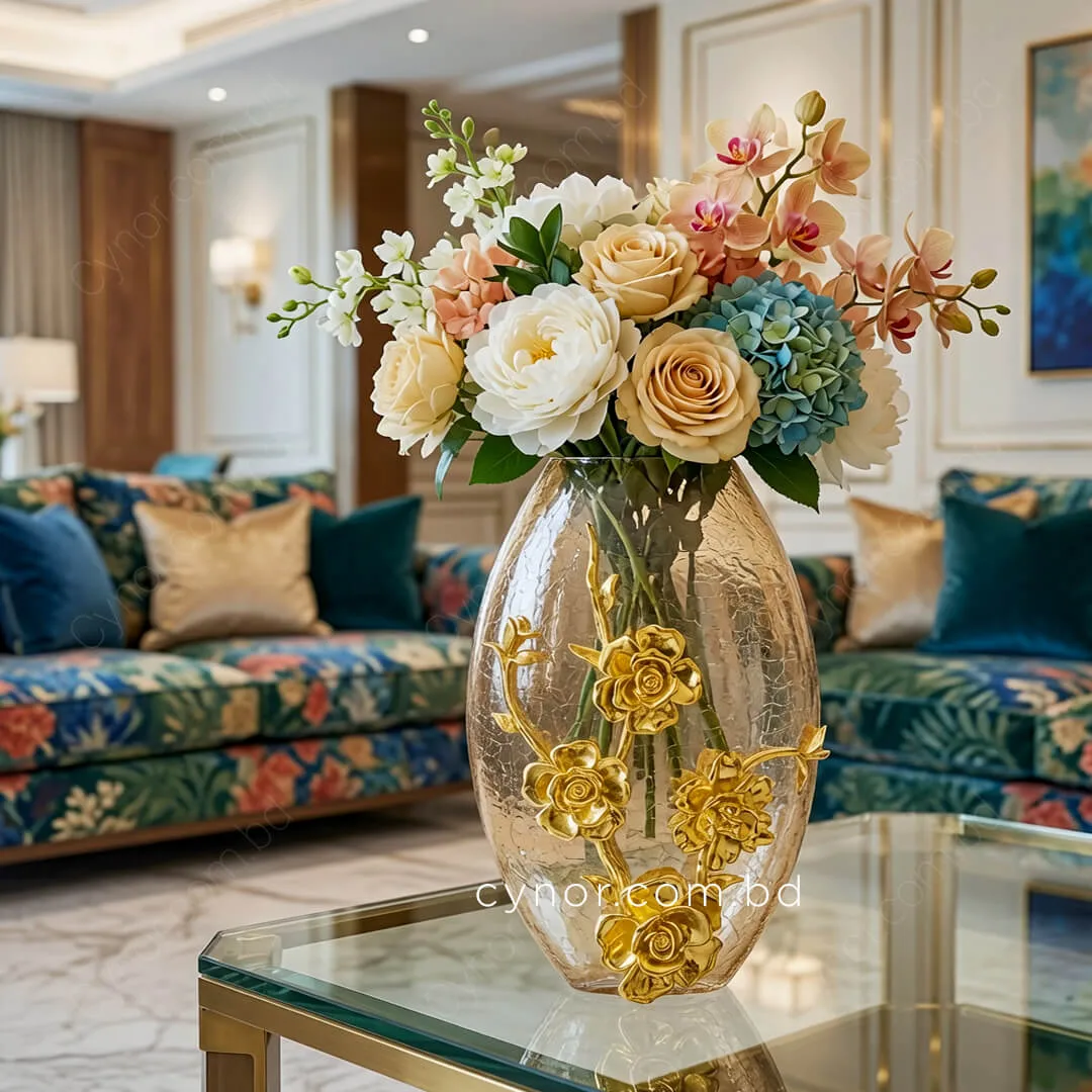 HD266-Exquisite Crackle Glass Flower Vase with Artistic Golden Metal Floral Accent (2) HD266-Exquisite Crackle Glass Flower Vase with Artistic Golden Metal Floral Accent (2)