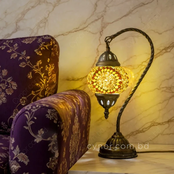 TL341-Yellow-Turkish Mosaic Table Lamp Swan-Neck Metal Body with Yellow Ambient Light (7)