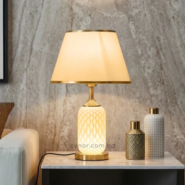 TL391-1-3D Printed Spiral Wave Table Lamp Fabric Shade and Golden Metal Base (1)