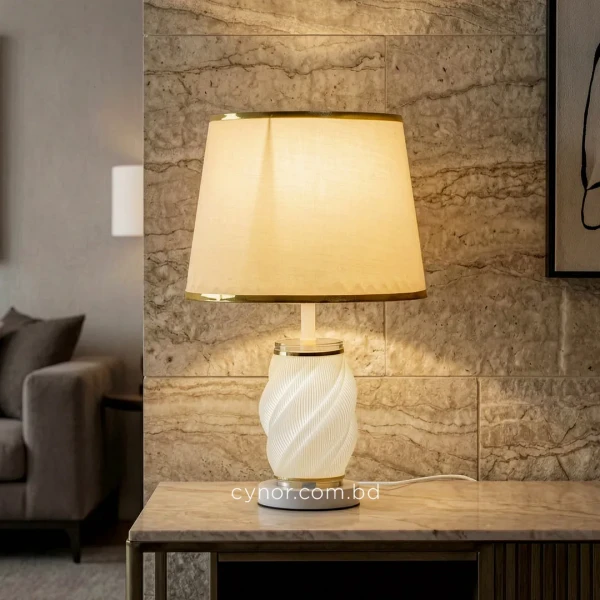 TL392-1-3D Printed Aurora Spiral Table Lamp with Fabric Shade and White Metal Base (1)