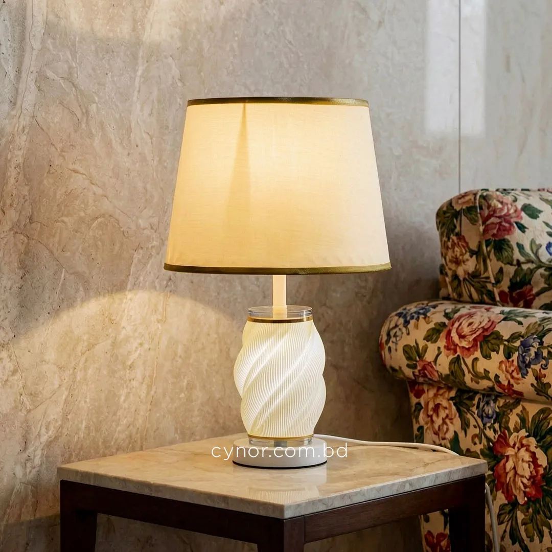 TL392-1-3D Printed Aurora Spiral Table Lamp with Fabric Shade and White Metal Base (2) TL392-1-3D Printed Aurora Spiral Table Lamp with Fabric Shade and White Metal Base (2)