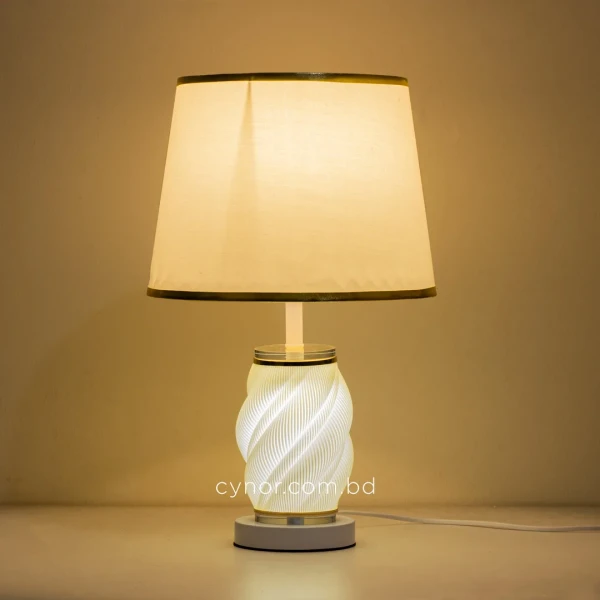 TL392-1-3D Printed Aurora Spiral Table Lamp with Fabric Shade and White Metal Base (5)