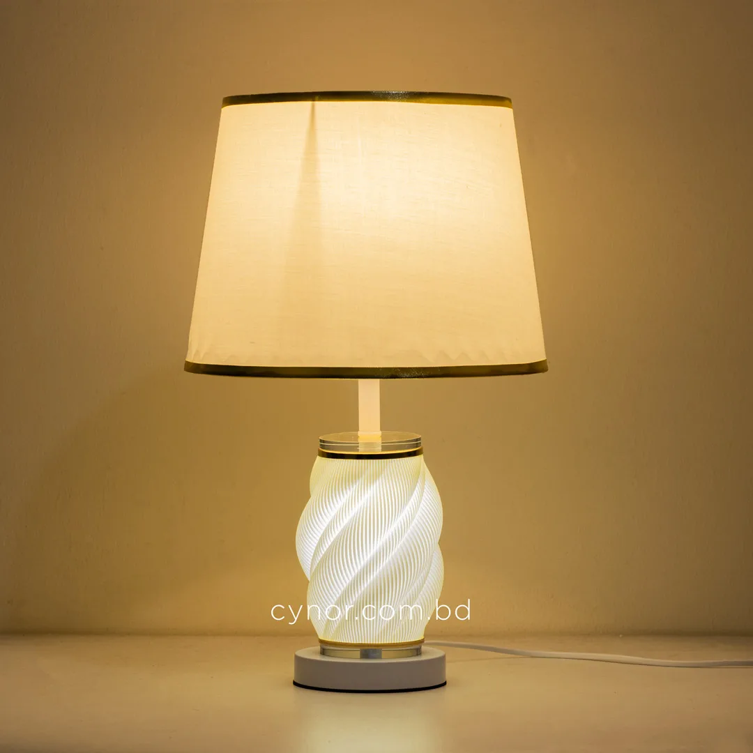 TL392-1-3D Printed Aurora Spiral Table Lamp with Fabric Shade and White Metal Base (5) TL392-1-3D Printed Aurora Spiral Table Lamp with Fabric Shade and White Metal Base (5)