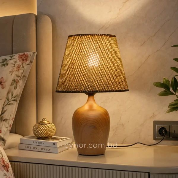 TL398-1-Ceramic Body Wooden Texture Table Lamp with Laminated Woven Fiber Shade (1)