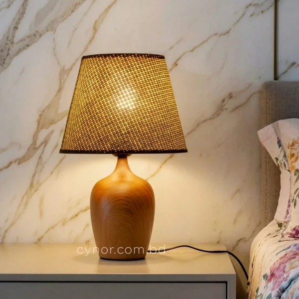 TL398-1-Ceramic Body Wooden Texture Table Lamp with Laminated Woven Fiber Shade (2)