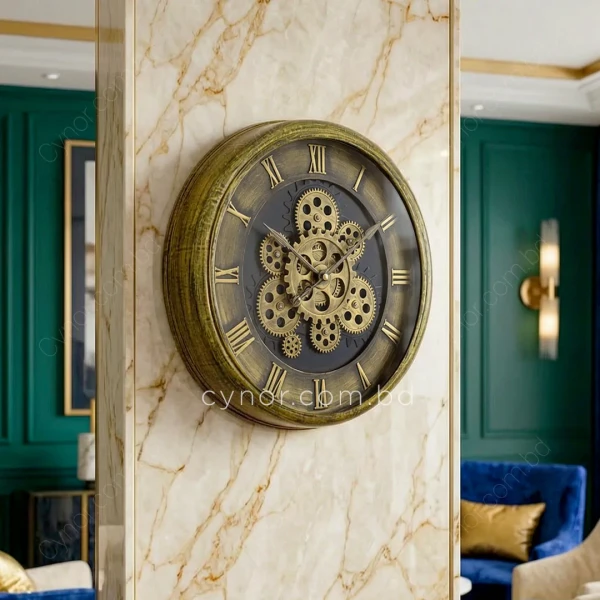 WC495-Antique-Roman-Antique Mechanical Gear Quartz Wall Clock with Glass Dial and Fiber Body (9)